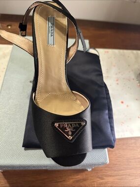 Prada Black Satin Slingback Heels with Gold Logo Plaque